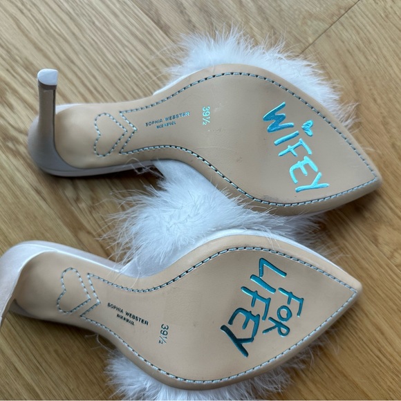 Sophia Webster White Satin Feather Mules with “Wifey for Life” on the bottom - Picture 7 of 8